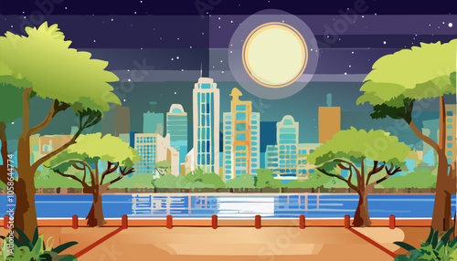 City landscape at night with skyscrapers and river. Vector illustration