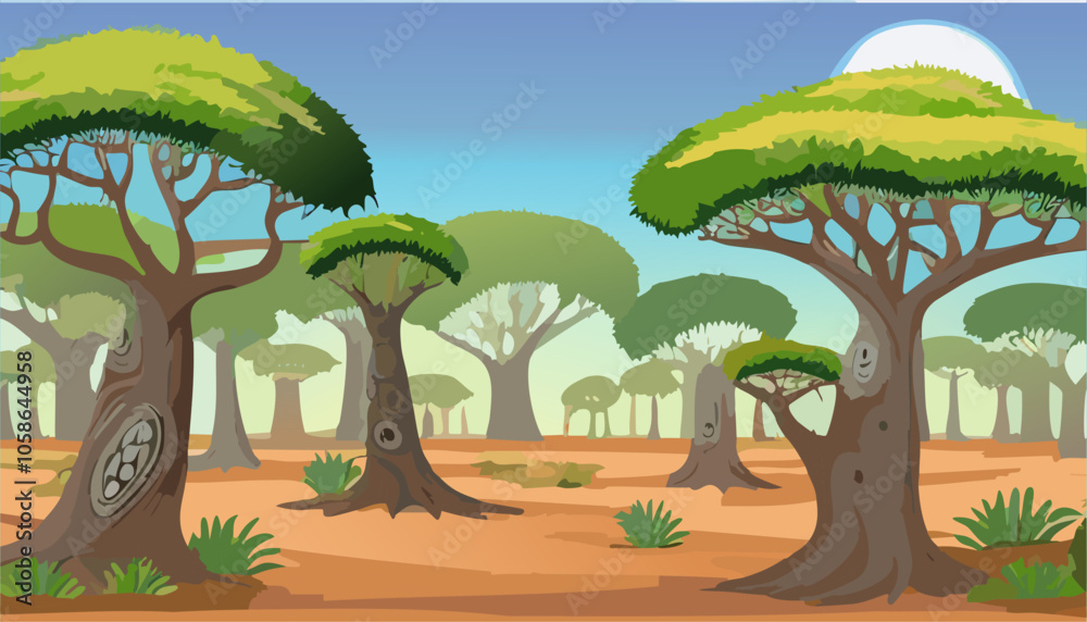 Dry tree in the forest. Vector illustration of dry land with big trunk trees. Dry tree in the forest. Vector illustration of dry land with big trunk trees.