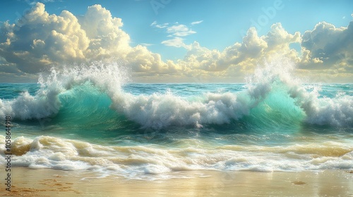 A serene beach scene with crashing waves and fluffy clouds.