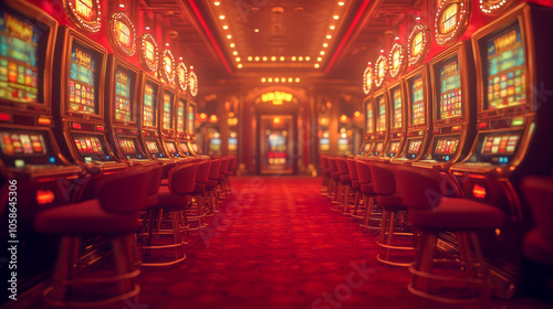 Rows of slot machines stand on a red carpet in a casino, lit by warm light