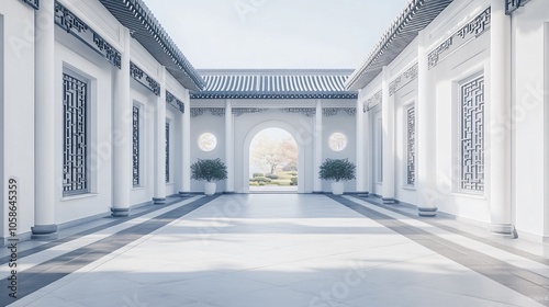 Traditional Chinese Anhui Hui-style Architecture with White Background, Platform, Roads, Parking Lots, and Brick Pavements for Car Advertisement Background photo