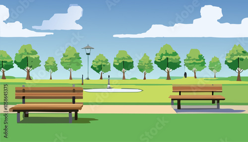 Park bench and trees in the garden. Vector illustration in flat style.