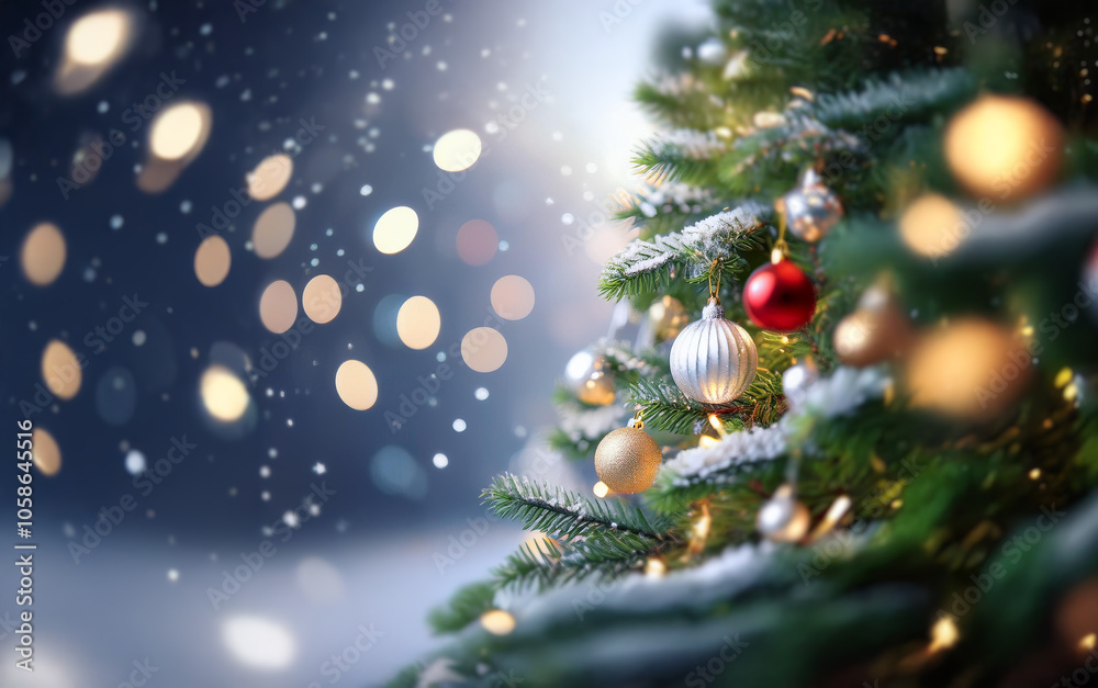 Obraz premium A close-up of a decorated Christmas tree with twinkling lights and falling snow.