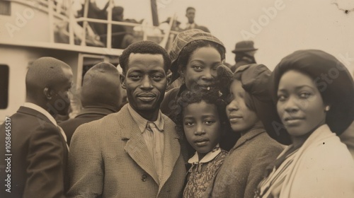 A group of four African people, two women and two men, on a ship. The men are looking at the camera. The women are looking at the camera.