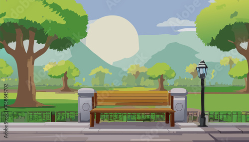 Bench in the city park. Cartoon style vector illustration for your design