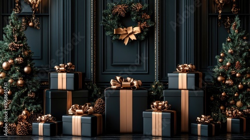 Sophisticated Black Gift Boxes with Gold Ribbons on a Dark Background for Holiday Luxury