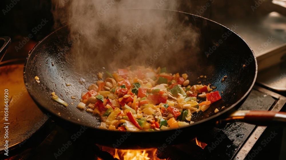A wok with colorful vegetables and steam rising above it, sitting on a stovetop burner with flames visible. A wok with colorful vegetables and steam rising above it, sitting on a stovetop burner with flames visible.