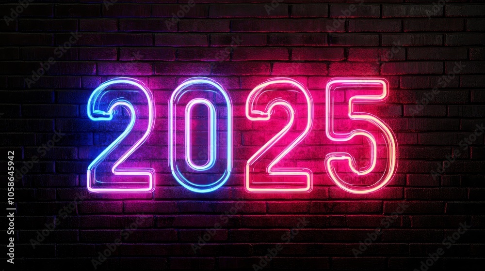 Stylish neon sign displaying the year 2025 against a dark brick wall highlighting modern design in urban decor Stylish neon sign displaying the year 2025 against a dark brick wall highlighting modern design in urban decor