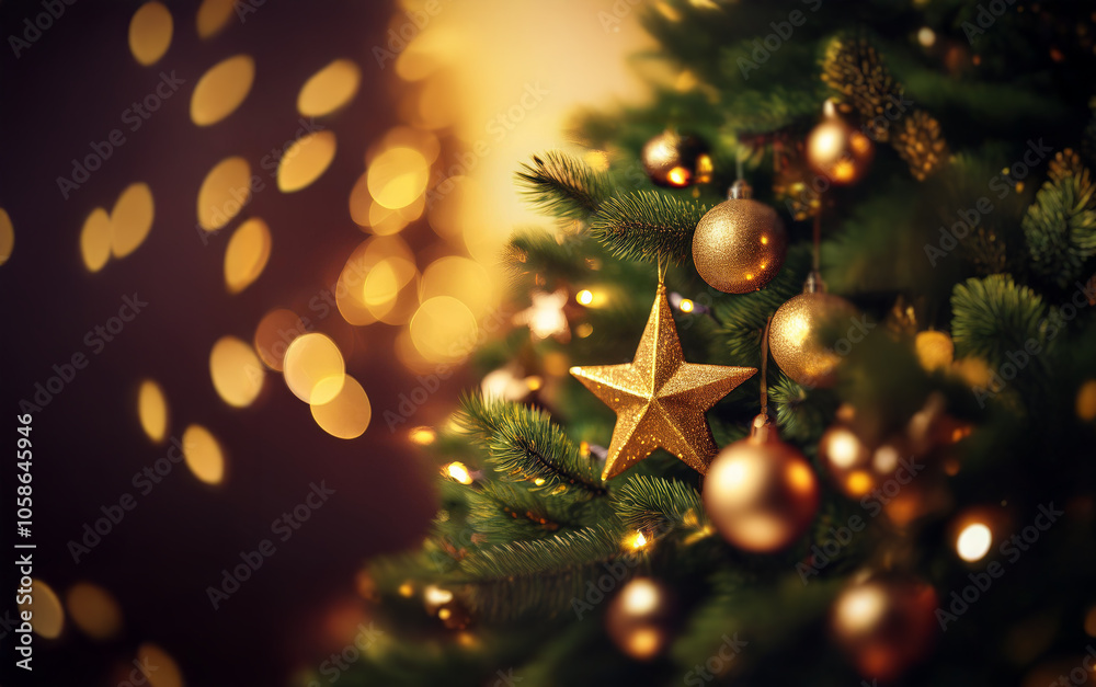 A close-up of a decorated Christmas tree with gold ornaments and a star on top.