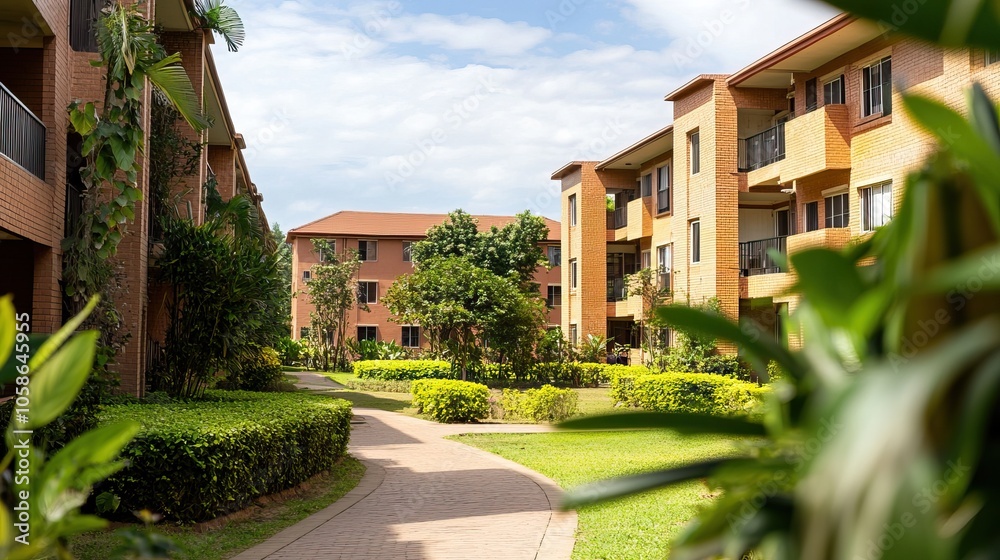An apartment complex with a walkway and greenery in a suburban area An apartment complex with a walkway and greenery in a suburban area