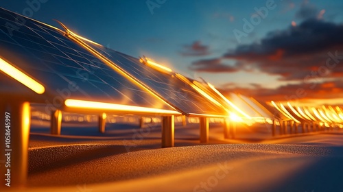 Solar Panels Across a Desert Landscape at Sunset photo