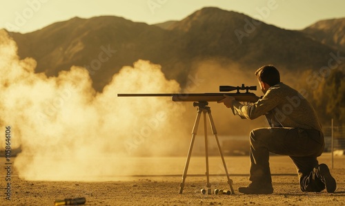 Man firing rifle, smoke trail, desert background. photo