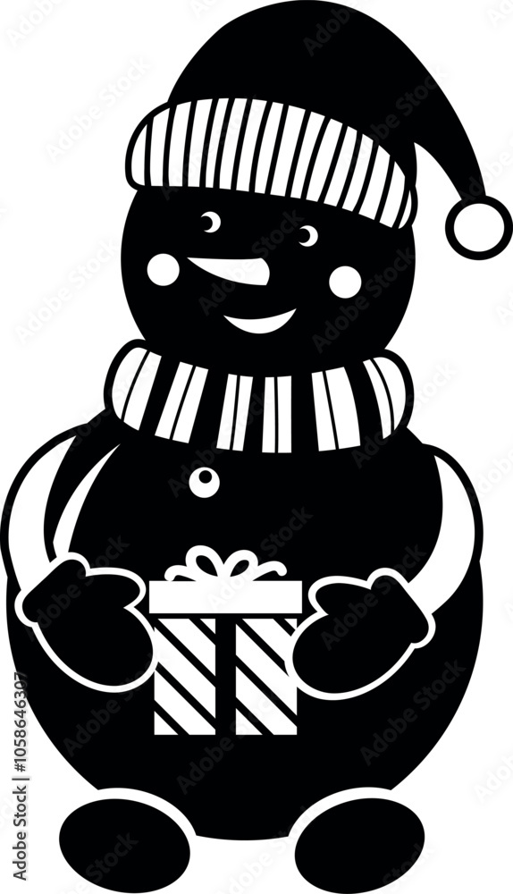 Cheerful Snowman Holding a Gift. Vector Illustration Cheerful Snowman Holding a Gift. Vector Illustration