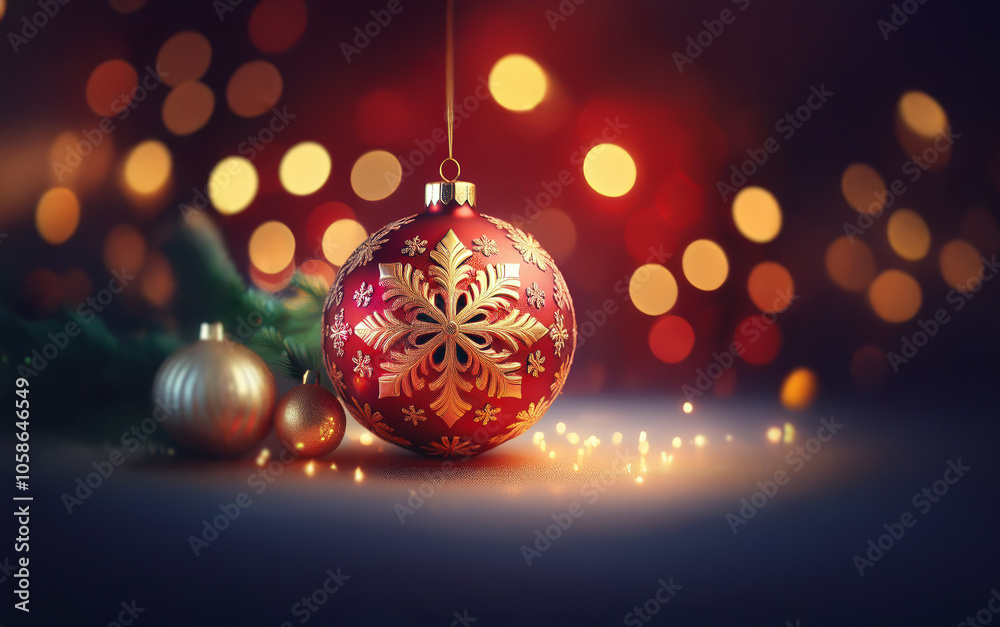 A single red Christmas ornament with a gold snowflake design hangs in front of a background of blurred warm lights. Two smaller gold ornaments are to the left. A single red Christmas ornament with a gold snowflake design hangs in front of a background of blurred warm lights. Two smaller gold ornaments are to the left.