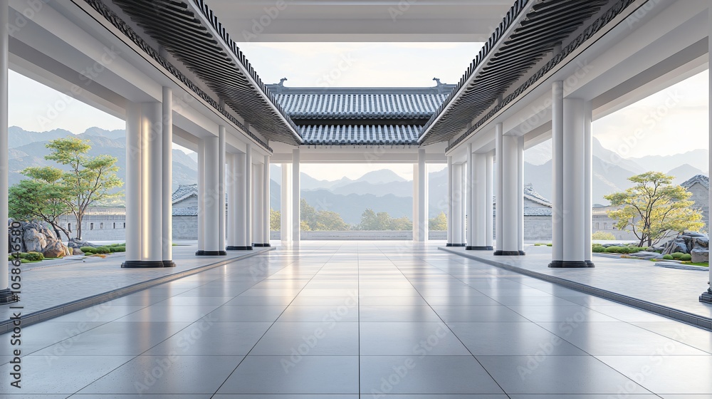 Traditional Chinese Anhui Hui-style Architecture with White Background, Platform, Roads, Parking Lots, and Brick Pavements for Car Advertisement Background Traditional Chinese Anhui Hui-style Architecture with White Background, Platform, Roads, Parking Lots, and Brick Pavements for Car Advertisement Background