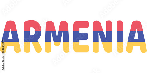 The word ARMENIA is displayed in large, bold letters. The letters are colored with the colors of the Armenian flag: red, blue, and orange. The colors are arranged in a horizontal triband pattern.