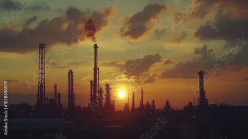 Silhouette of industrial plant with smoke stacks against an orange sunset sky.