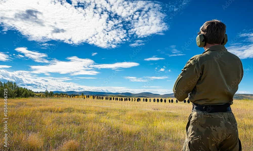 Man shooting targets on a grassy field. Man shooting targets on a grassy field.