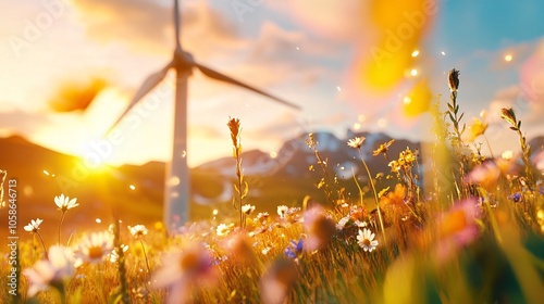 Wind Turbine Among Vibrant Wildflowers at Sunset photo