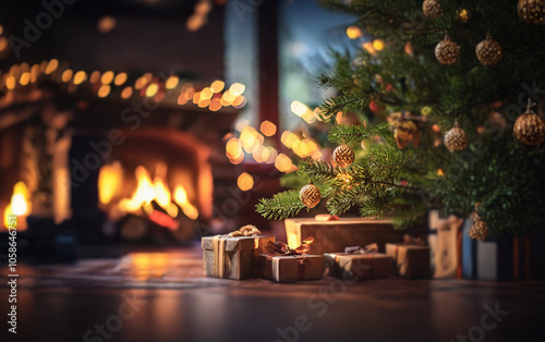 A fireplace with roaring flames is the focal point of a cozy holiday scene with a decorated Christmas tree and wrapped gifts.