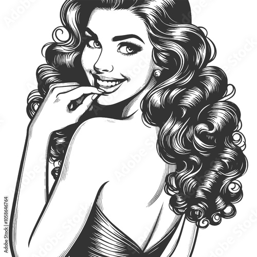 Playful smiling beautiful young woman flirty biting her finger sketch engraving generative ai fictional character vector illustration. Scratch board imitation. Black and white image.