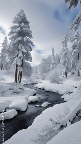 Stunning Winter Landscape of Snow-Covered Trees and Tranquil River Stream Surrounded by Snow in Forest.