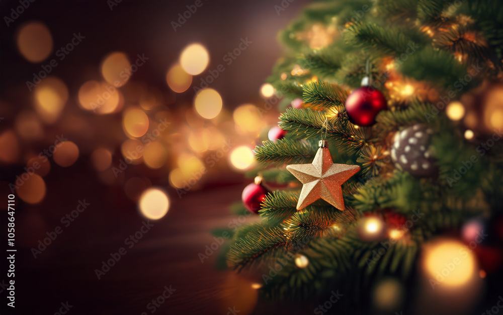 A decorated Christmas tree with a gold star ornament, red baubles, and warm string lights, with a blurred background of golden lights. A decorated Christmas tree with a gold star ornament, red baubles, and warm string lights, with a blurred background of golden lights.