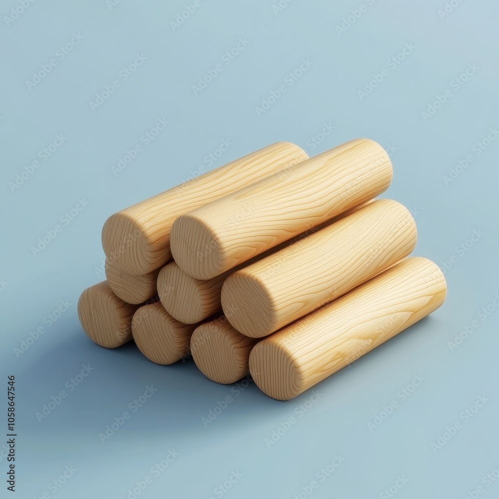 Stacked Wooden Logs on Soft Blue Background Stacked Wooden Logs on Soft Blue Background