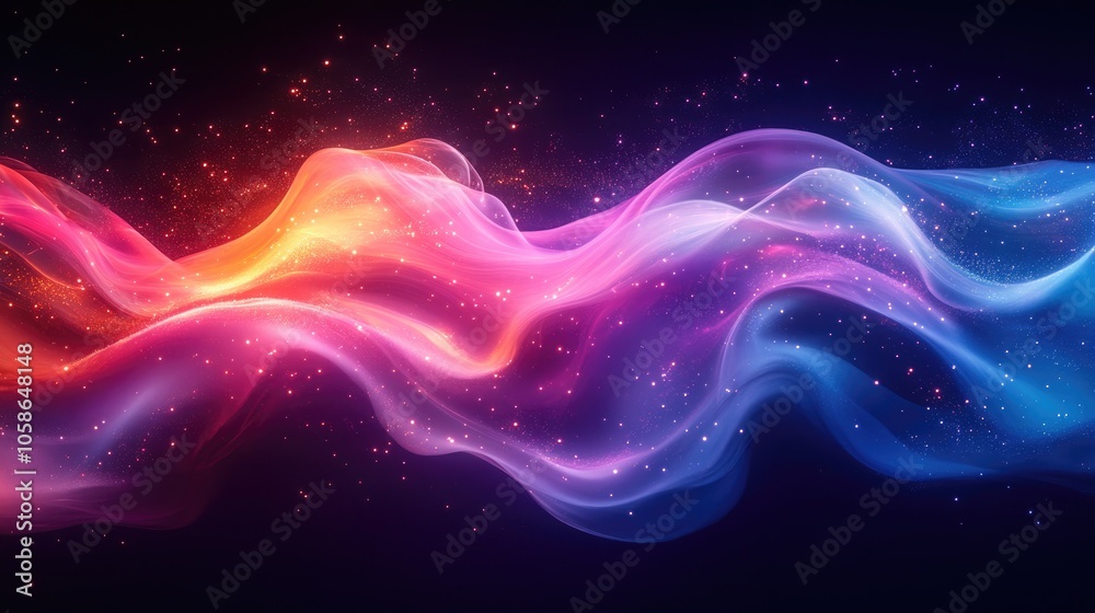 Dynamic Neon Wave Lights in Bright Pink, Purple, and Blue Dance Across a Dark Backdrop, Creating a Stunning Visual Ideal for Futuristic Designs, Digital Art, and Music Promotions