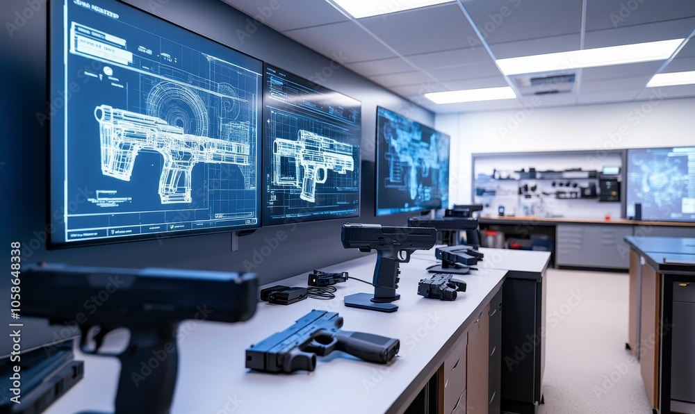 Guns on table with schematics on screens. Guns on table with schematics on screens.