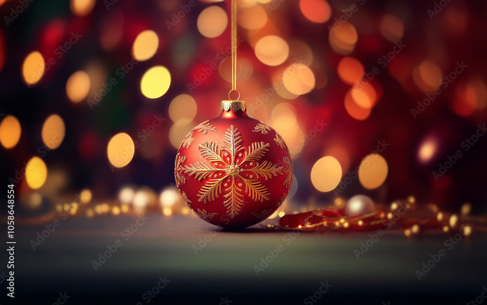 A single red Christmas ornament with a gold snowflake design hangs from a string against a background of warm bokeh lights. A single red Christmas ornament with a gold snowflake design hangs from a string against a background of warm bokeh lights.