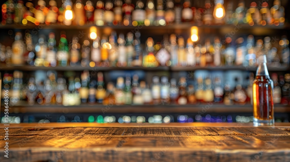 Wooden Table surface with blurred bottle background in bar with copy space, AI generated image Wooden Table surface with blurred bottle background in bar with copy space, AI generated image