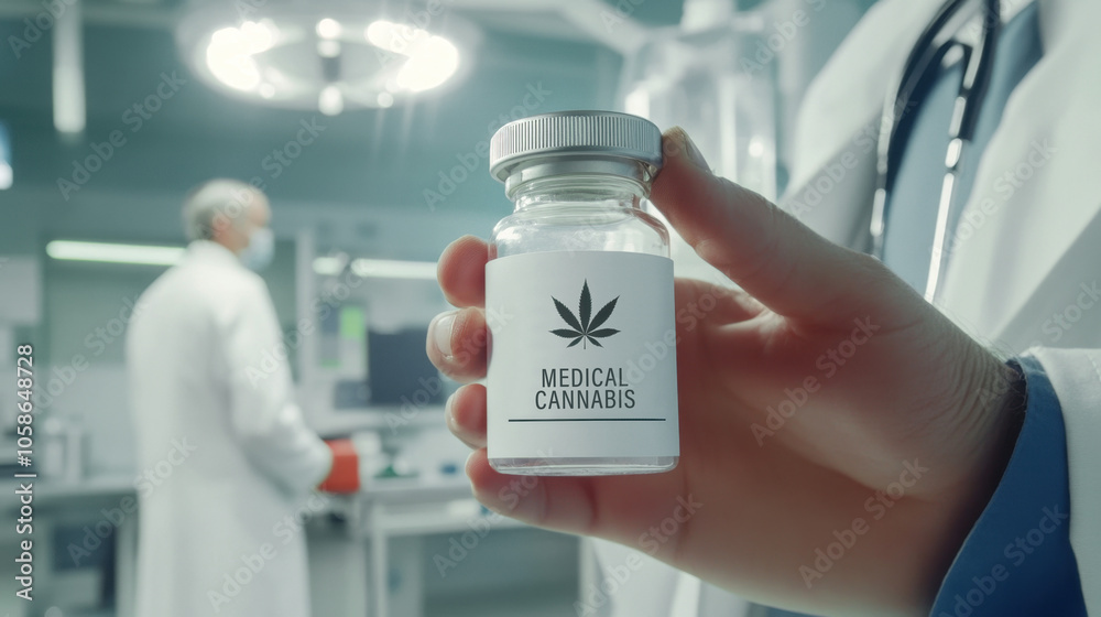 Scientist holds labeled bottle with medical cannabis in modern laboratory setting Scientist holds labeled bottle with medical cannabis in modern laboratory setting