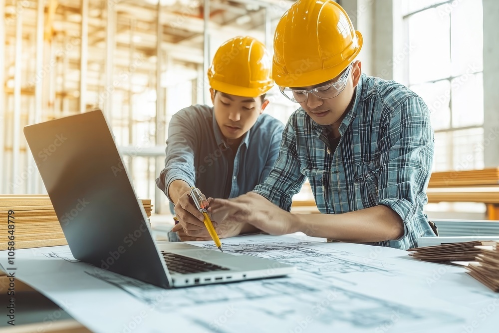 Builder engineer and supervisor consultant inspection job plan concept, Asian contractor and foreman looking blueprint in computer laptop and checking process plan of factory warehouse, Generative AI Builder engineer and supervisor consultant inspection job plan concept, Asian contractor and foreman looking blueprint in computer laptop and checking process plan of factory warehouse, Generative AI