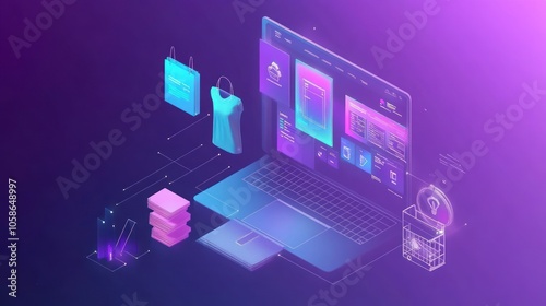 An isometric illustration of a laptop with an e-commerce website displayed on the screen.