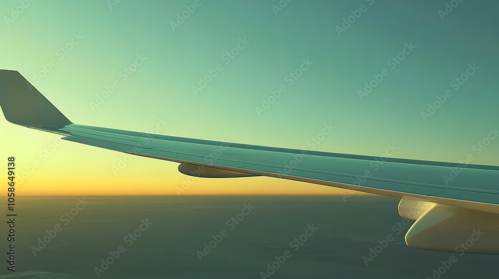 Airplane wing in flight over sunset clouds, viewed from window seat. Airplane wing in flight over sunset clouds, viewed from window seat.