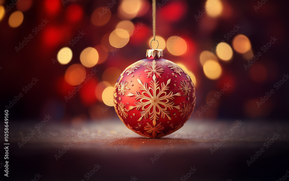 A single red Christmas ornament with gold snowflake detailing hangs against a backdrop of blurred, twinkling lights. A single red Christmas ornament with gold snowflake detailing hangs against a backdrop of blurred, twinkling lights.