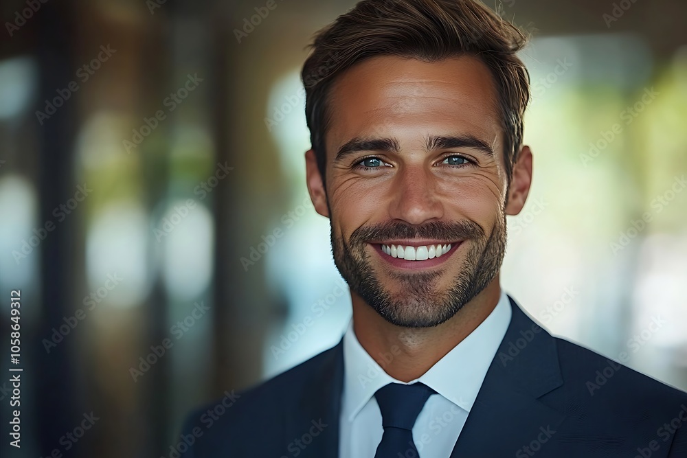 Confident Businessman in Suit Smiling with Blue Eyes