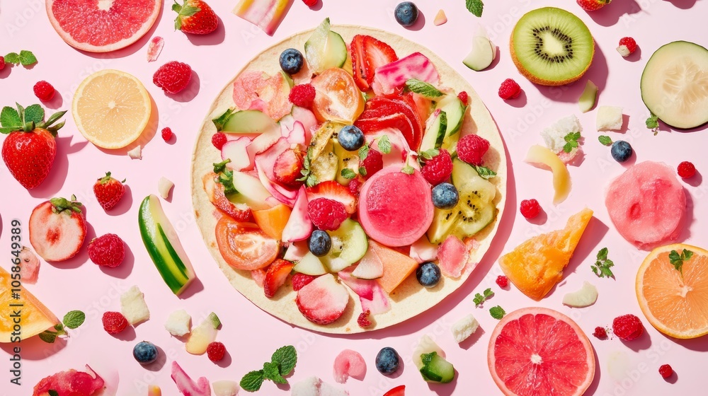Vibrant still life of fresh fruit slices and whole fruits arranged on a plate against pink background Vibrant still life of fresh fruit slices and whole fruits arranged on a plate against pink background
