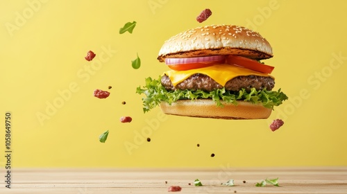 A hamburger's gravitydefying journey, culinary snapshot of burger in midair photo