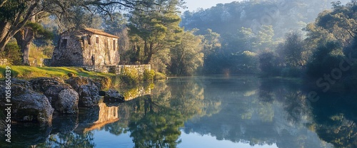 Old stone house by tranquil lake in a lush forest.