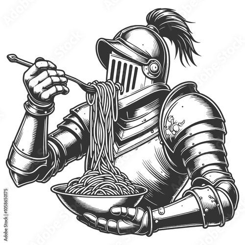 medieval knight in full armor enjoying a bowl of spaghetti, historical imagery with humorous elements sketch engraving generative ai vector illustration. Scratch board imitation. Black and white image