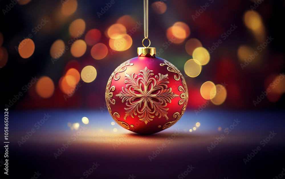 A single red Christmas ornament with a gold snowflake design hangs in front of a bokeh background. A single red Christmas ornament with a gold snowflake design hangs in front of a bokeh background.