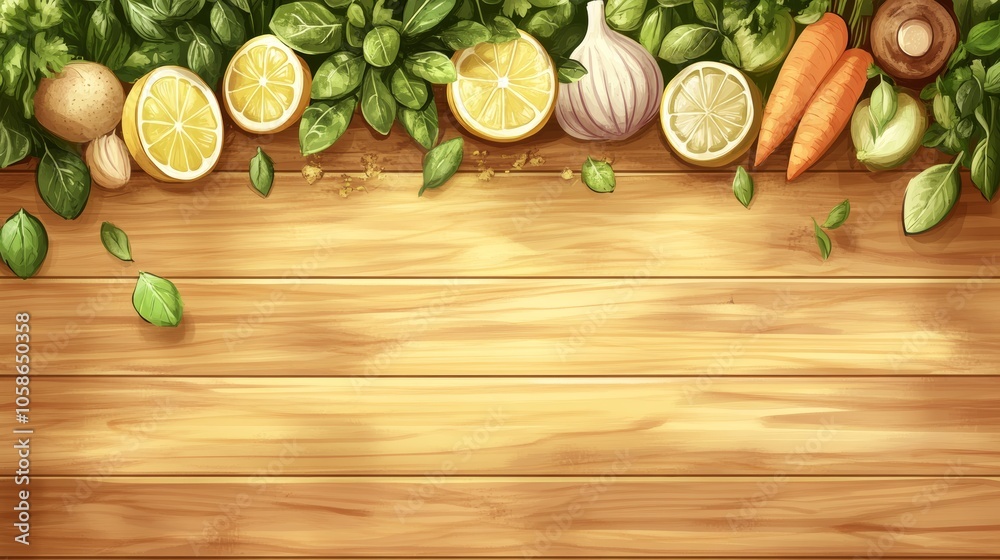 Rustic table setting with an array of fresh garden vegetables and aromatic herbs Rustic table setting with an array of fresh garden vegetables and aromatic herbs