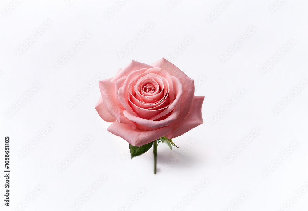 A single pink rose with green stem and leaves, photographed against a white background. A single pink rose with green stem and leaves, photographed against a white background.