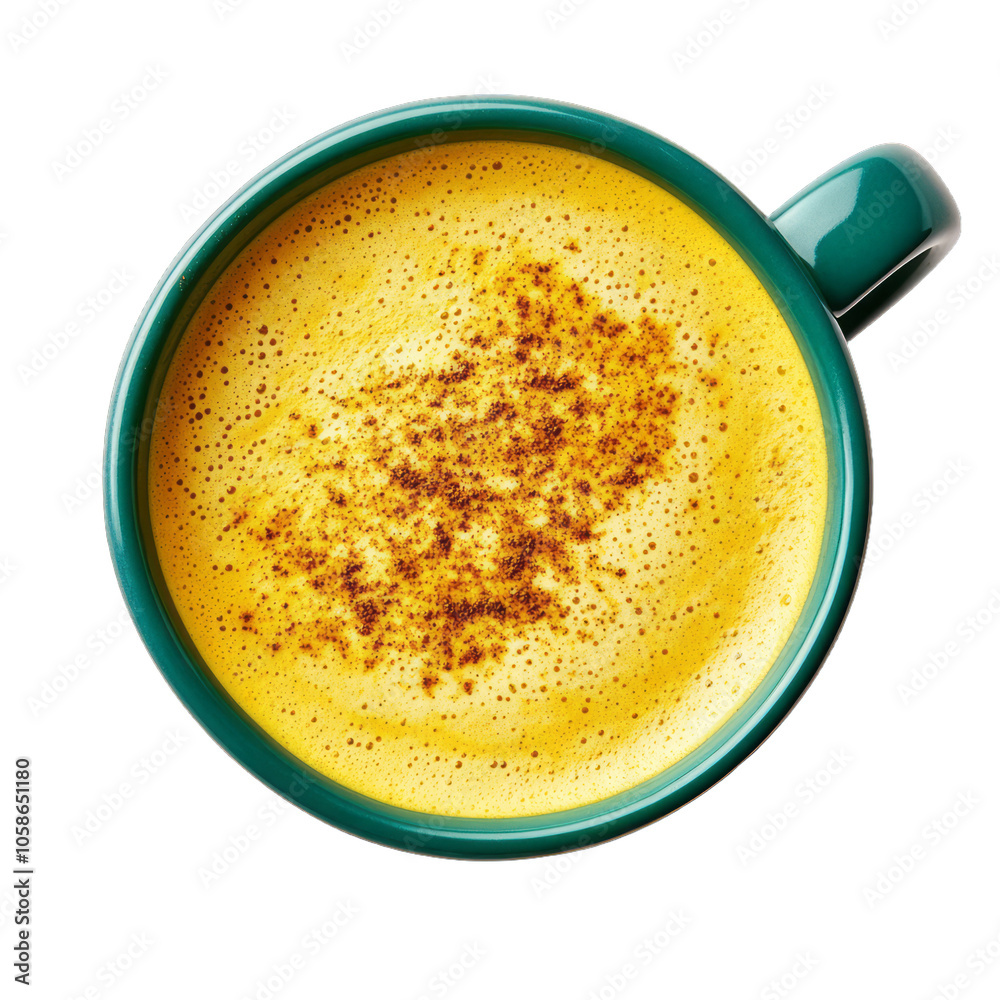 Turmeric latte with bright golden color and a sprinkle of cinnamon on top viewed from the top isolated on a transparent background Turmeric latte with bright golden color and a sprinkle of cinnamon on top viewed from the top isolated on a transparent background