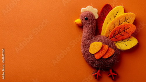 Orange, brown, and yellow crafted felt turkey laying flat on an orange background with copy space.