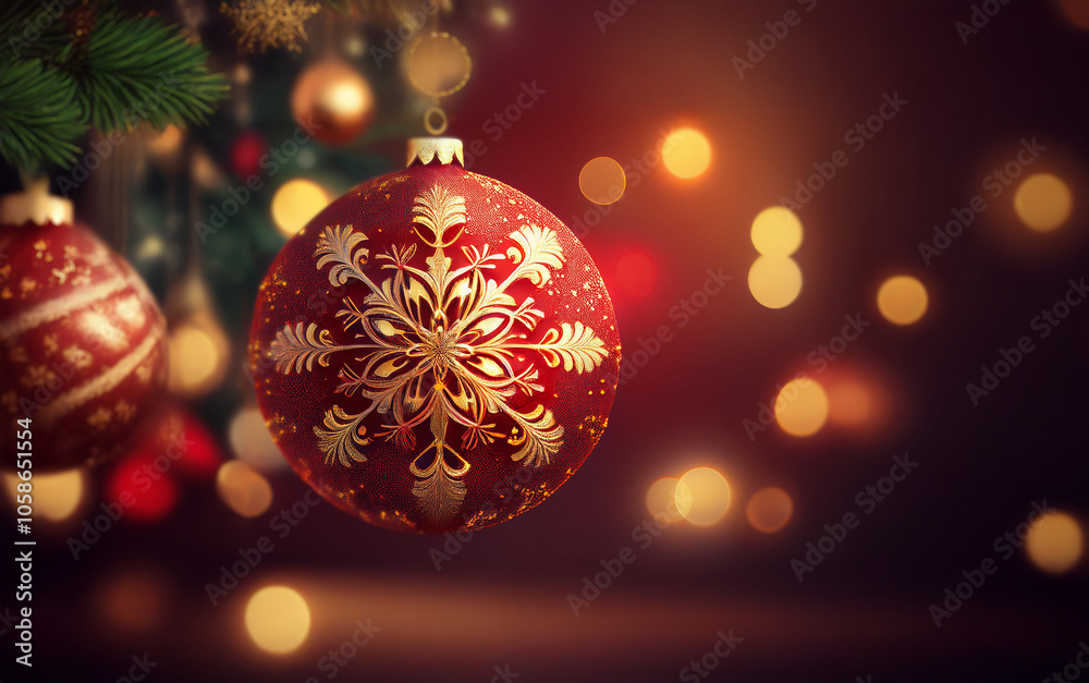 A close-up of a red Christmas ornament with a gold snowflake design hanging from a tree branch.  The background is blurred and features warm bokeh lights.