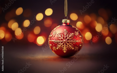 A single red Christmas ornament with a gold snowflake design hangs in front of a blurry background of warm colored lights.