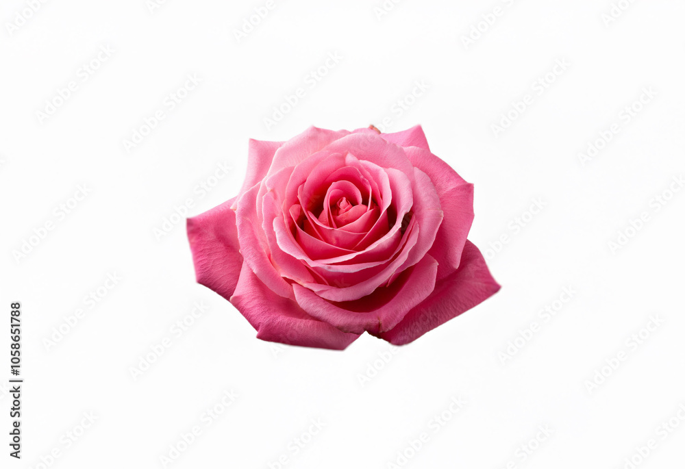 A single pink rose with petals unfurling against a white background. A single pink rose with petals unfurling against a white background.